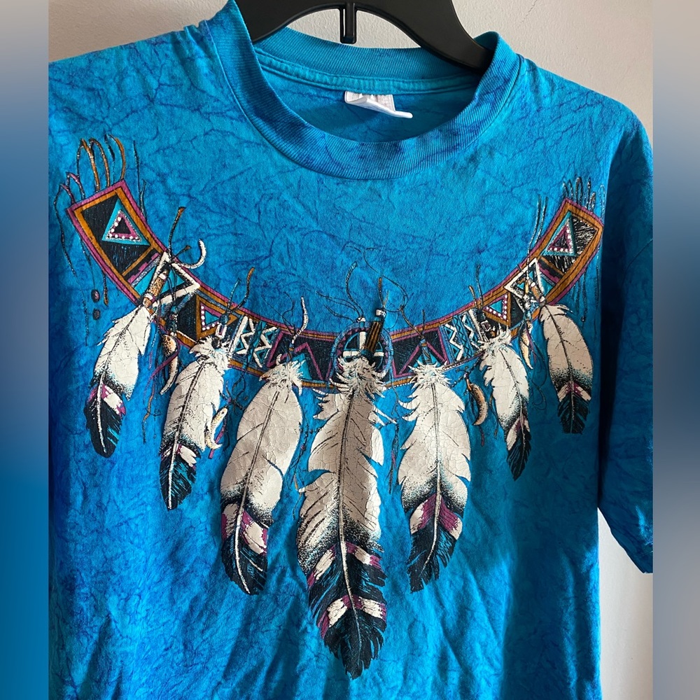 Vintage Tribal Style Bohemian Teal Blue Feather Print Short Sleeve Tshirt - Picture 2 of 6
